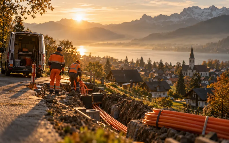 Baustelle am Hang über einem Dorf im Morgenlicht