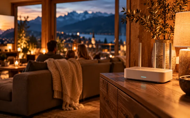 Wohnzimmer am Abend mit ruhig leuchtendem Router